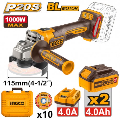 INGCO SMERIGLIATRICE BRUSHLESS 1000W D115MM 2x 18V 4Ah