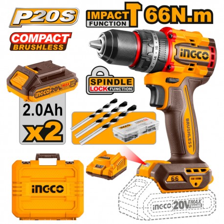 INGCO TRAPANO A PERCUSSIONE BRUSHLESS 2x 2Ah